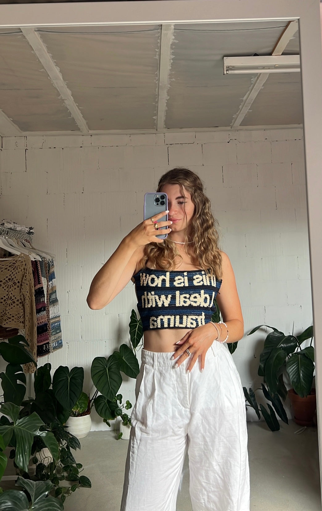 Handmade tapestry crochet top “this is how I deal with trauma”