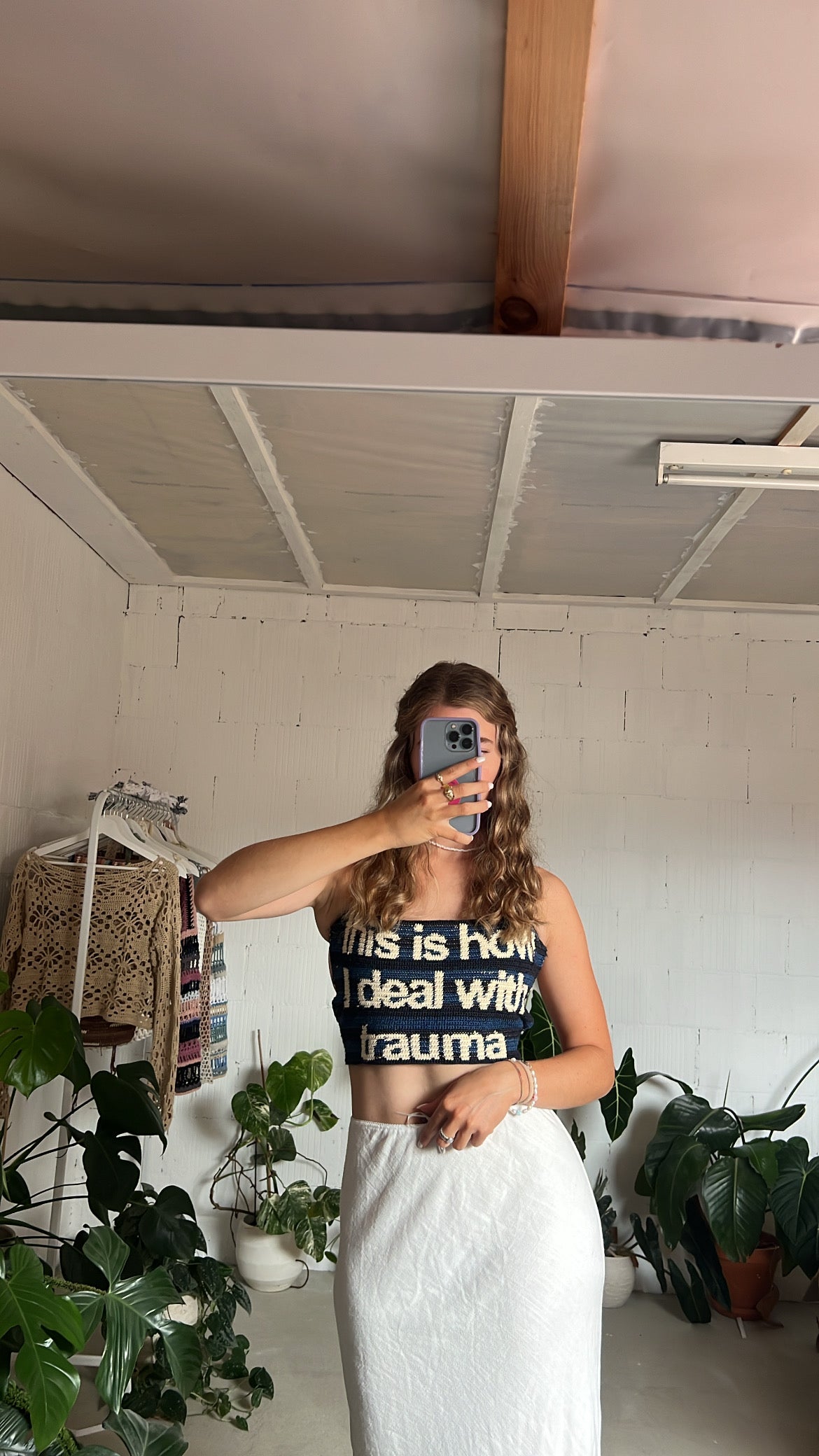 Handmade tapestry crochet top “this is how I deal with trauma”