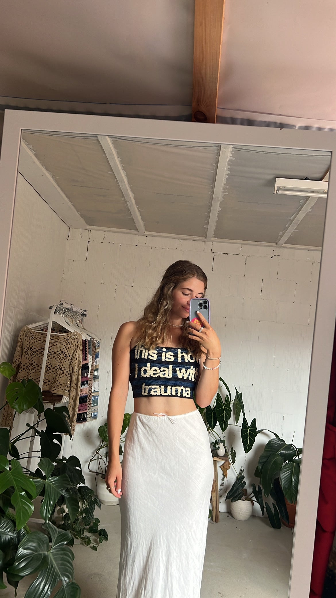 Handmade tapestry crochet top “this is how I deal with trauma”