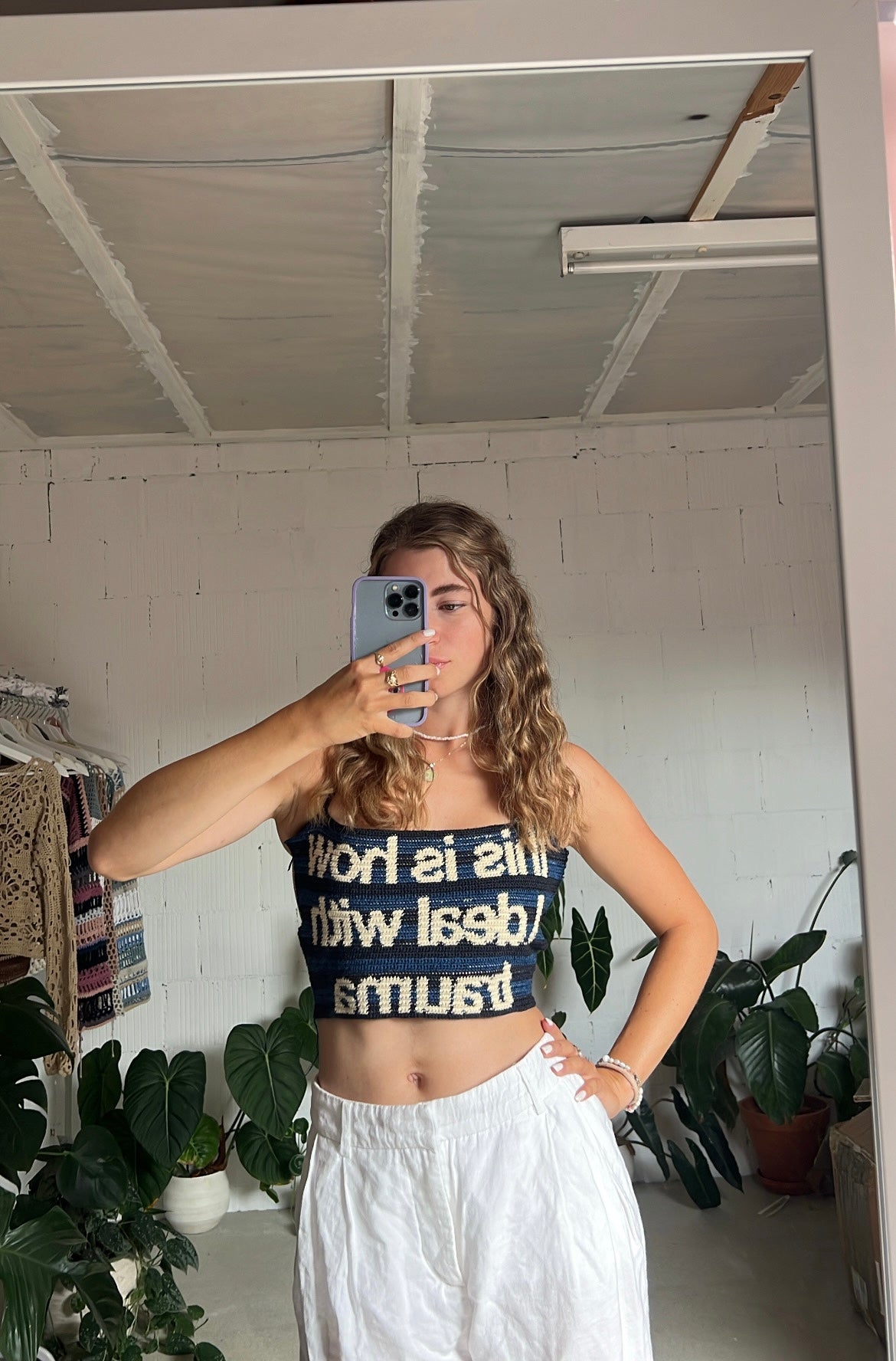 Handmade tapestry crochet top “this is how I deal with trauma”