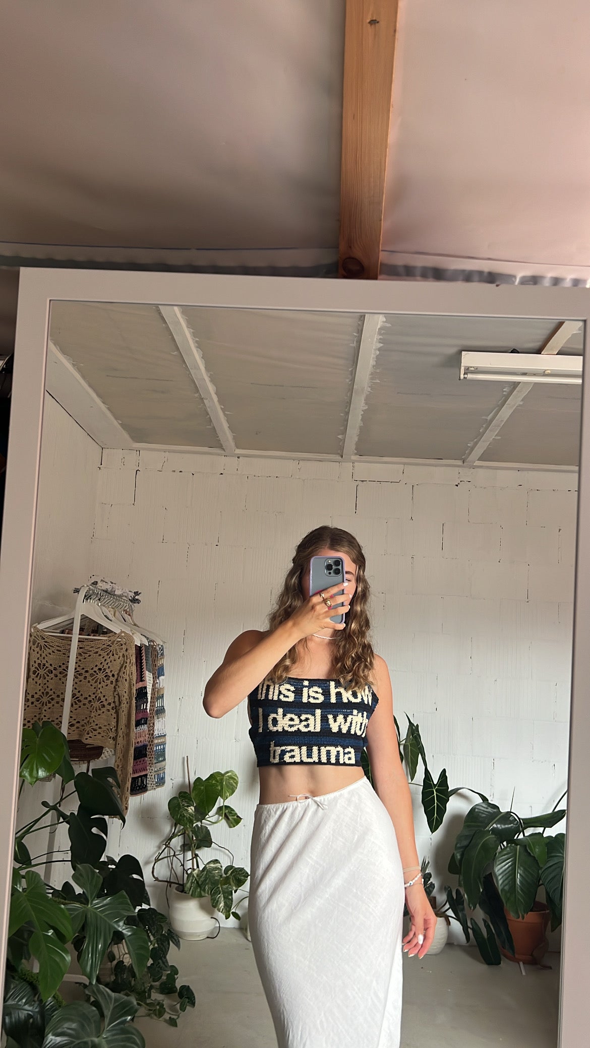 Handmade tapestry crochet top “this is how I deal with trauma”