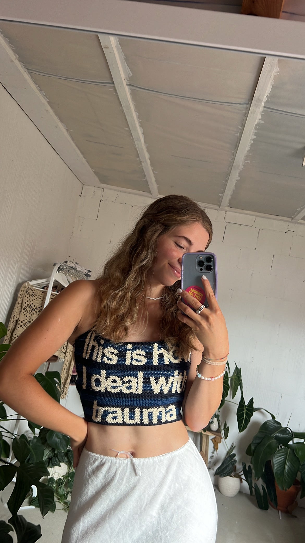 Handmade tapestry crochet top “this is how I deal with trauma”